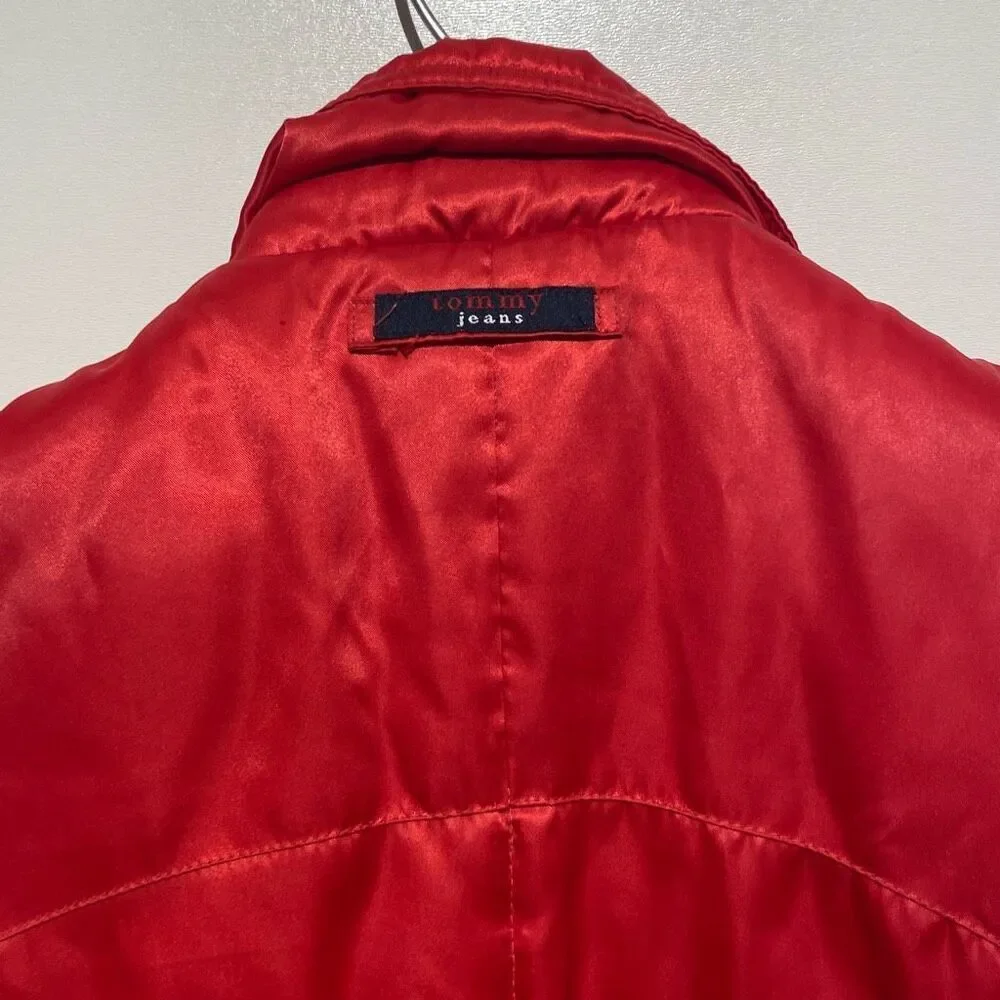Vintage Tommy Jeans Women's Red Satin Collared Full Zip Puffer‎ Vest Medium